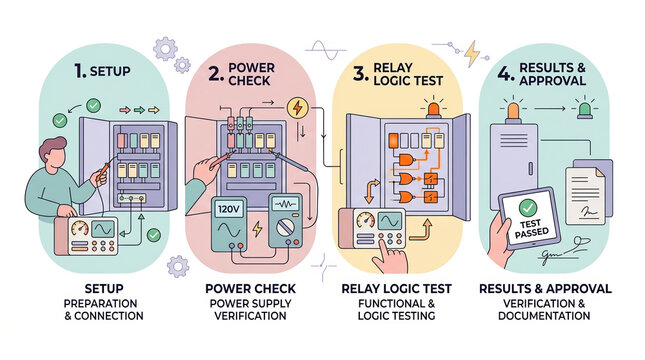 Relay cabinet testing process illustration for electrical engineering blogs, technical documentation, training materials, and industry presentations