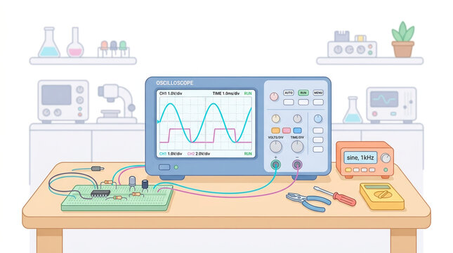 Oscilloscope diagnostics setup on a laboratory table with electronic components for educational materials, engineering blogs, scientific presentations, and technical websites