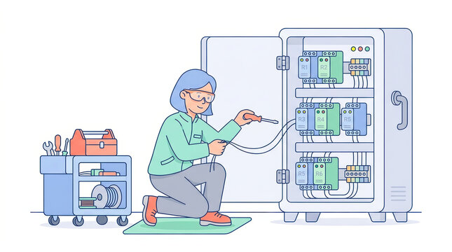 Industrial technician maintaining electrical relay system in workshop for engineering blogs, instructional materials, technical guides, and educational resources