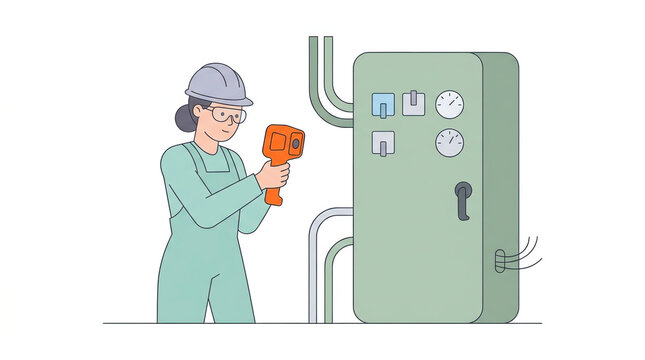 Industrial electrician performing maintenance on electrical control panel with handheld device for engineering blogs, technical illustrations, and safety training materials