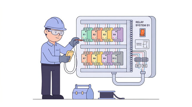 Industrial electrician examining electrical relay panel with tools for technical manuals, training resources, safety guides, and educational illustrations