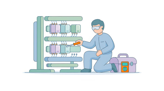Technician working on industrial automation relay system with tools for electrical engineering websites, instructional content, and technical training resources