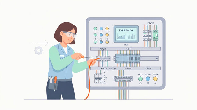 Engineer working on automation wiring with electrical panel for technology blogs, engineering websites, training materials, and industry presentations