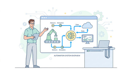 Obraz premium Electrical engineer explaining automation system overview with digital elements for tech presentations, engineering blogs, and educational content