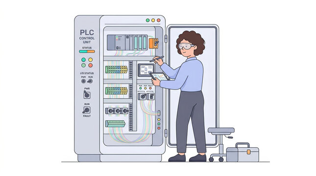 Electrical engineer working on PLC cabinet for industrial automation, technical blogs, educational materials, and engineering websites