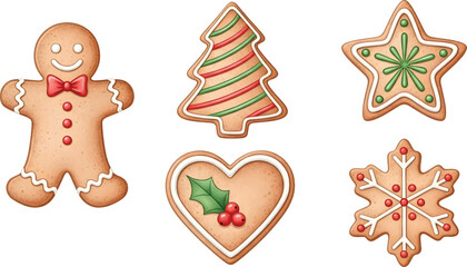 Naklejka premium Vector Illustration Christmas Dessert Elements Collection with Decorated Gingerbread Cookies