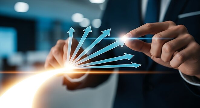 Team alignment towards a goal. A project manager's hands align several holographic 'arrows' to follow a single 'path of light', representing team alignment.
