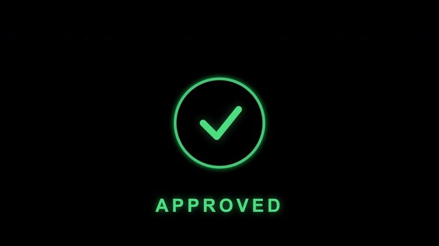 Vibrant glowing green checkmark icon inside a pulsating circle with 'APPROVED' text on a dark background, suitable for success confirmation, digital approval and positive feedback