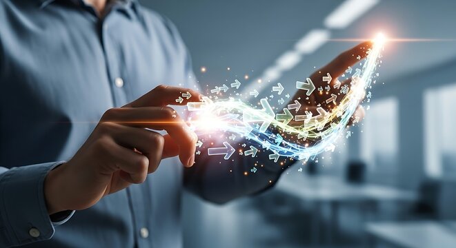 Team alignment towards a goal. A project manager's hands align several holographic 'arrows' to follow a single 'path of light', representing team alignment.