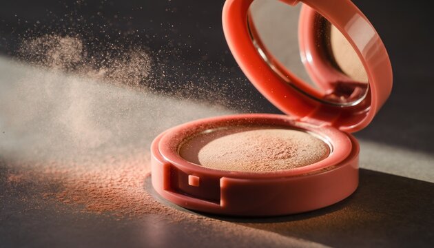 Open compact makeup case disperses finely milled cosmetic powder under dramatic lighting
