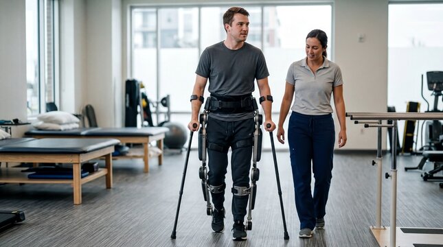 assistive technology, a determined individual uses an exoskeleton to regain mobility in rehab