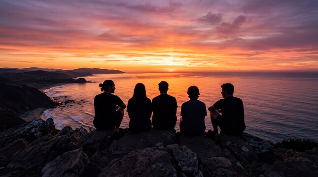 sunset gatherings, silhouetted friends sit together, gazing at a vibrant sunset horizon