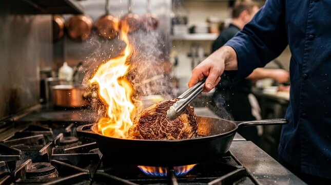 culinary action, a sizzling steak on a hot pan, with flames creating a dramatic flair