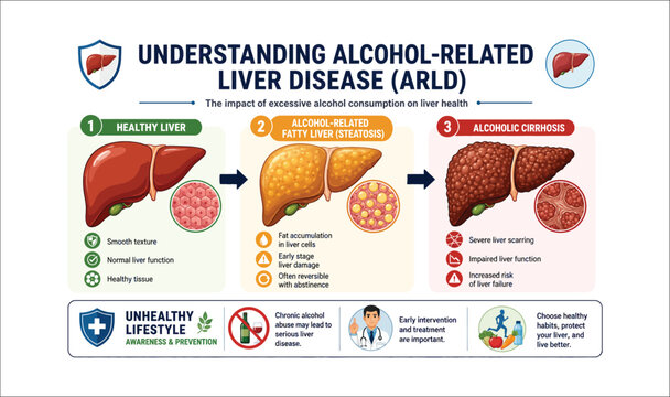 Alcohol related liver disease stages infographic showing progress to fatty cirrhosis.