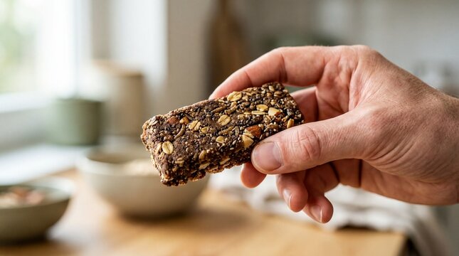 alternative proteins, a hand holds a protein bar made from insect ingredients, showcasing sustainability
