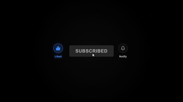 Animated subscribe button with like and notification bell on dark background, ideal for social media, channel promotion and content creation