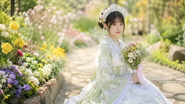 萌葱色の和装メイドと花束が彩る幻想的なフラワーガーデンポートレート