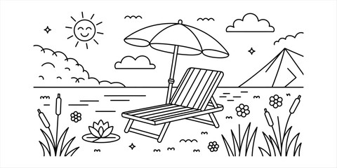 Deck chair and umbrella by the water with tent © Vector Art Gallery 
