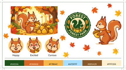 Cute squirrels and autumn leaves illustration set. © Tresno