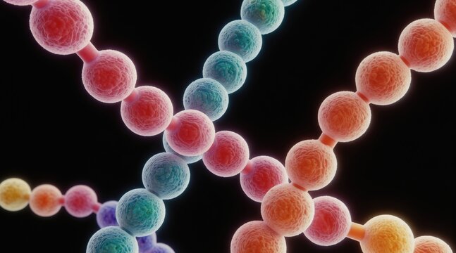 Colorful molecular chains made of spherical monomers linked together. These abstract structures represent polymers used in material science and biotech.
