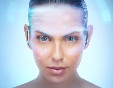Cyborg woman with luminous circuit lines across her forehead