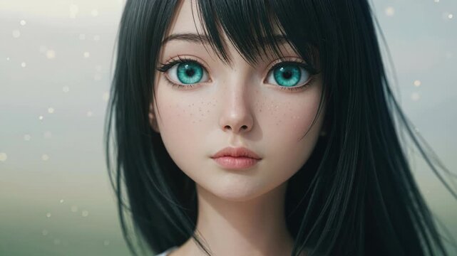 Enchanting Gaze: A young girl with striking teal eyes and flowing dark hair gazes forward, her expression serene and captivating, with a hint of wonder.