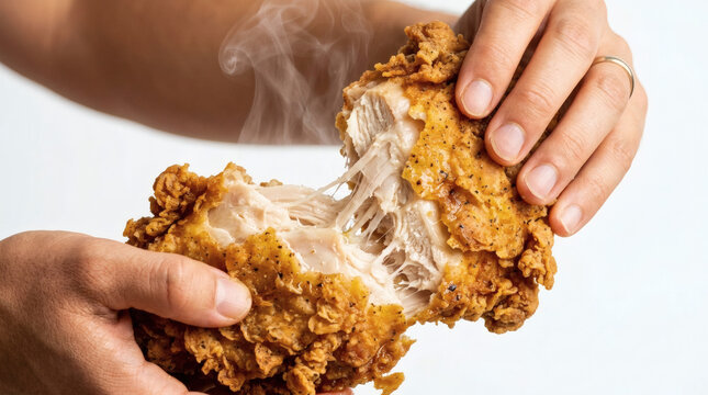 Hands holding steaming fried chicken breast.