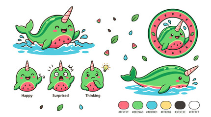 Cute cartoon narwhal with various expressions. © Tresno