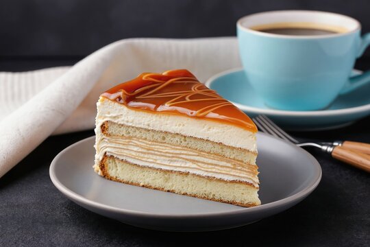 Trilece cake slice with caramel topping on grey plate. Soft layered cake with cream and milk soaked sponge. Beside blue cup of coffee and fork. Dark background.