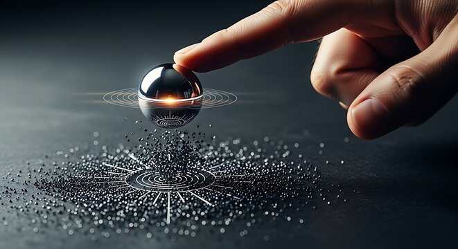 Organizing unstructured data. A close-up of a hand activating a 'magnet' that attracts and arranges 'iron filings' (data) into a clear pattern.