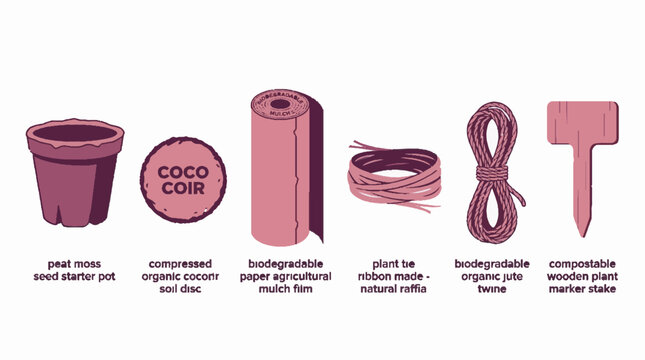 Sustainable gardening supplies vector illustration with peat pot, coco coir disc, biodegradable mulch film, raffia, jute twine, and wooden plant marker stake