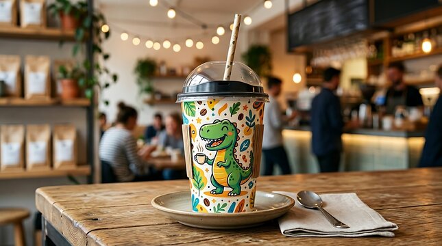 Coffee cup featuring a whimsical dinosaur illustration sits on a rustic wooden table in a bustling cafe with warm ambient lighting and a blurred background.