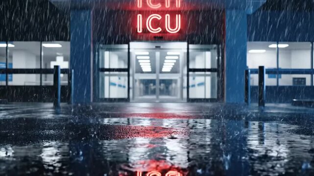 Intensive care unit entrance at a hospital featuring a glowing ICU neon sign on a rainy night.
