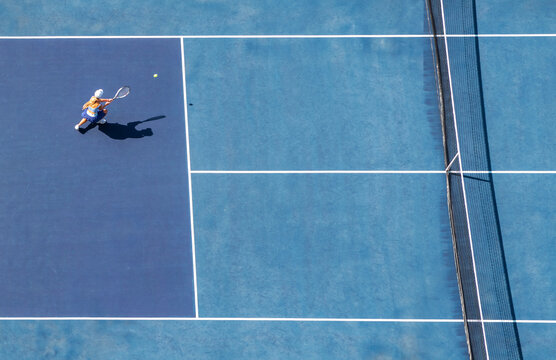 tennis above aerial drone blue court woman florida