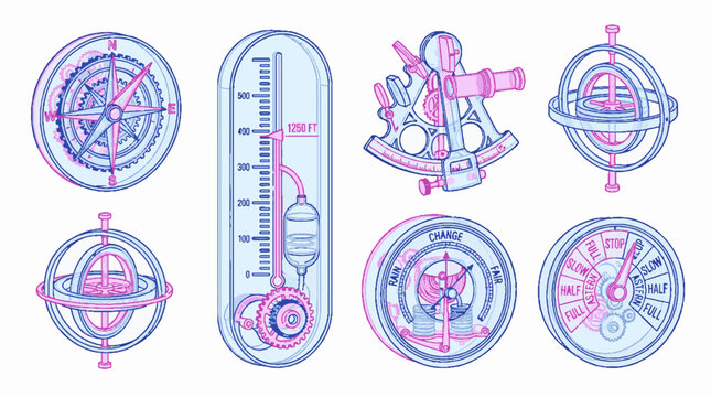 Vector illustration of vintage navigation and measurement instruments including compass, altimeter, sextant, barometer, and engine order telegraph in a duotone style