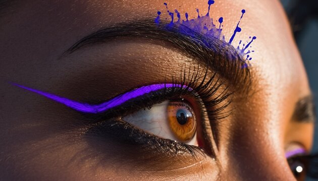 Close up of human eye featuring vibrant purple cosmetic application near the eyebrow and lash line