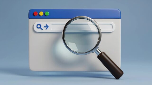 Search Engine Illustration: A magnifying glass hovers over a browser window's search bar, symbolizing online searching, data exploration, and digital discovery.