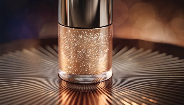 Container holding shimmering golden cosmetic liquid rests on a textured reflective surface