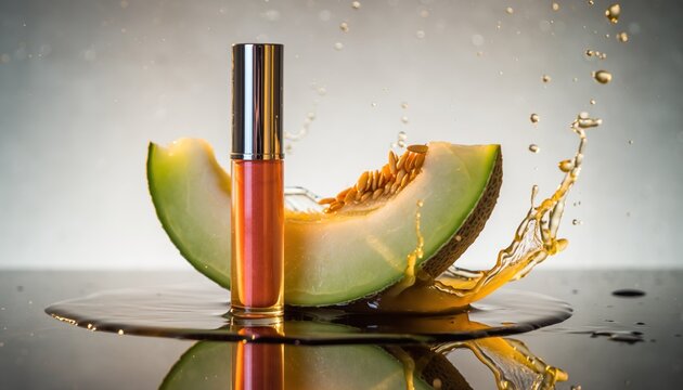 Cosmetic product tube stands next to a splashing slice of fresh cantaloupe melon
