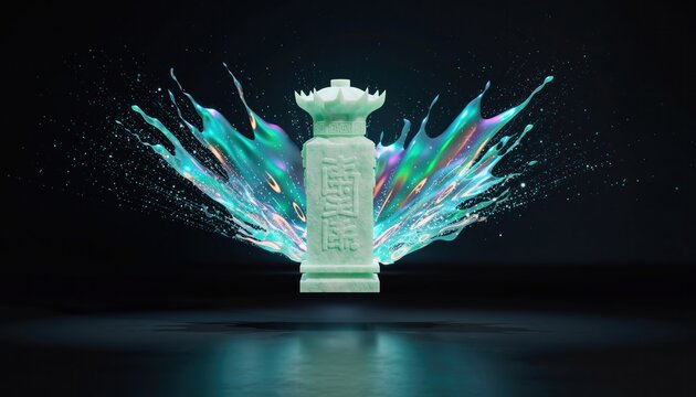 Ornate carved artifact surrounded by iridescent liquid splash against a dark background