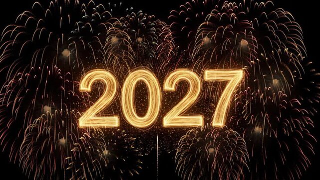 Happy New Year 2027: A spectacular display of fireworks lights up the night sky, celebrating the arrival of the year 2027 with a golden glow and celebratory flair.