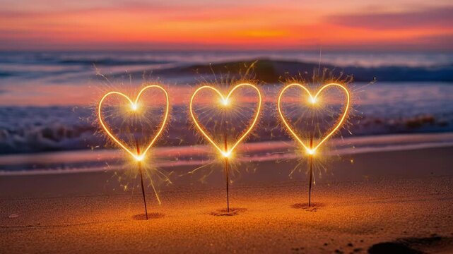 Three Hearts of Sparkler Light: Three illuminated heart-shaped sparklers glow brightly on a sandy beach at sunset, with gentle waves lapping at the shore, creating a romantic and magical atmosphere.