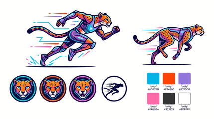 Colorful pixel art of a running cheetah. © king
