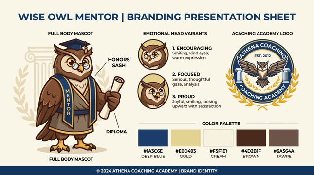 Wise owl mentor branding presentation sheet.