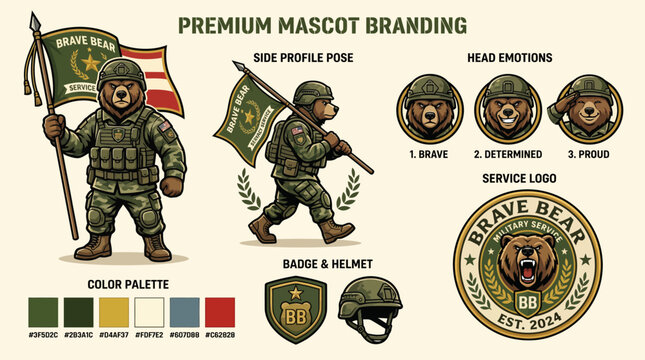 Military Bear Mascot with Premium Branding Elements.
