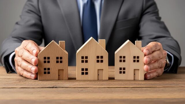 Real Estate Protection: A businessman in a suit shields three miniature wooden houses, symbolizing security and investment in the property market.