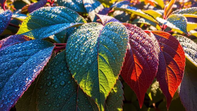 Frosty Foliage: A vibrant display of plant leaves in various stages of autumnal color, kissed by a delicate layer of frost, glinting in the morning sunlight.