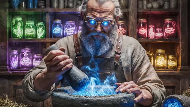 Bearded alchemist grinding glowing blue ingredients in mystical workshop