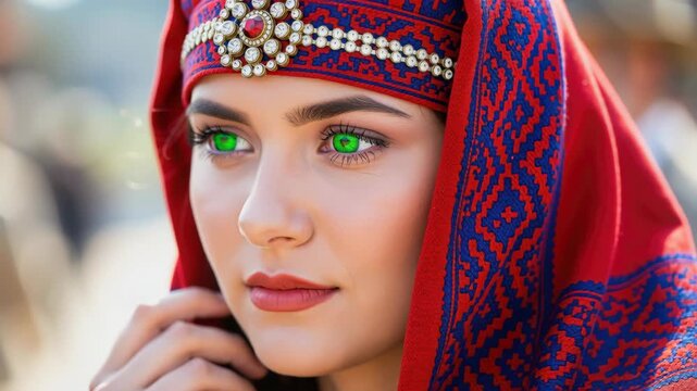 Eastern Beauty in Red: A stunningly beautiful woman with captivating green eyes, adorned in traditional Eastern attire, including a richly embroidered red headscarf and an ornate headband.