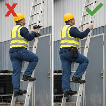 Ladder Safety Training Comparison Showing Unsafe vs Safe Three Points of Contact for Work at Height, Fall Prevention and Industrial Maintenance Compliance